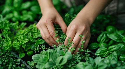 hands gently harvesting herbs from the hydroponic system.