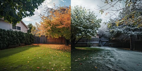 Split view of a backyard showing summer and winter seasons.