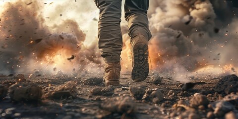 Ground view of a person walking in a devastated landscape with explosions and smoke. - obrazy, fototapety, plakaty