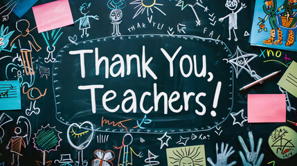 Thank You Teacher greeting card for World teacher's day concept with doodle art  on black chalkboard. - Powered by Adobe