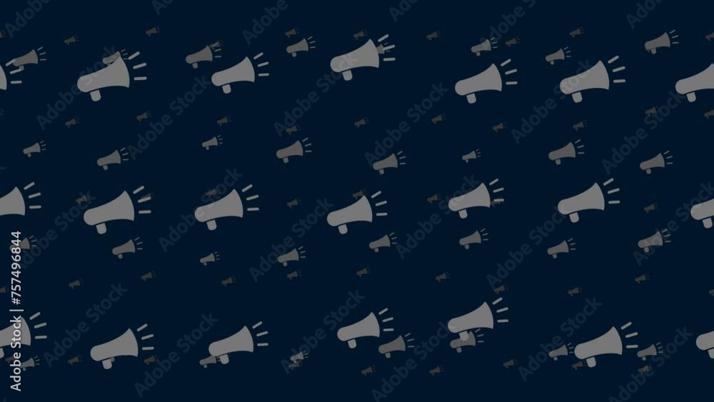 Poster megaphone symbols float horizontally from left to right. parallax fly effect. floating symbols are l