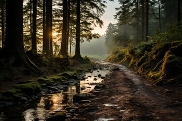 A serene dirt road in a forest with a stream and surrounded by trees and nature