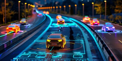 Autonomous cars on a smart road with digital interface and connectivity features.
