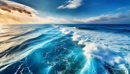 Blue water waves. Tropical sea coast. Beautiful natural seascape. Summer vacation.