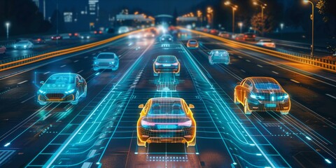 Autonomous cars on a smart road with digital interface and connectivity features. - obrazy, fototapety, plakaty