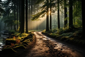 Sunlight filters through trees onto forest road in natural landscape