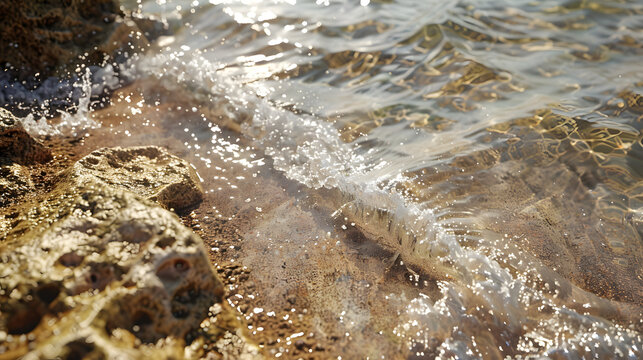 An intimate view of small waves lapping on a sandy shore, capturing the shimmering play of light on water