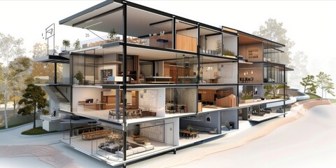 Fototapeta premium Cross section of a multi story residential building with architectural plans visible.