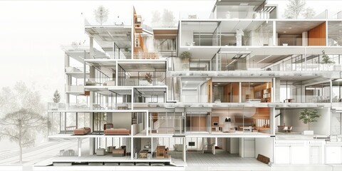 Cross section of a multi story residential building with architectural plans visible.