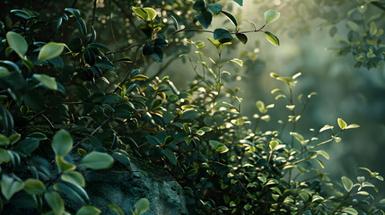 Close-up of sunlit leaves with detailed texture and shadows, creating a play of light and dark on nature's canvas