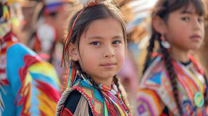 young native American girl in colorful regalia at an outdoor dance event. pow wow community