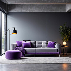 modern living room with white sofa anf lamp purple and grey  theme 