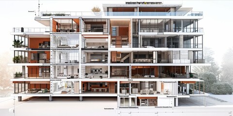 Cross section of a multi story residential building with architectural plans visible.