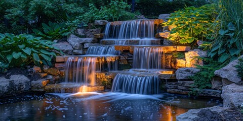Garden water feature with illuminated cascading waterfall at twilight.