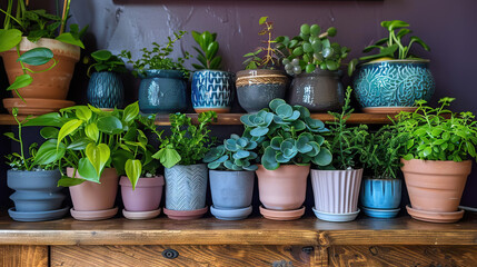 vertical indoor plants in ceramic pots against brown wall background.