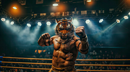 Tiger Mask Fighter Ready for Combat in Center of Ring