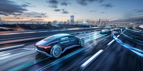 Foto op Canvas Concept autonomous cars on a futuristic city highway with digital interface. © ParinApril