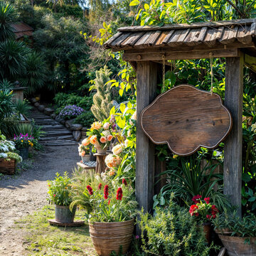 A wooden sign in the center of a garden, surrounded by a variety of colorful flowers and plants. The sign is weathered and has a rounded top. 