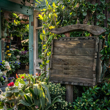 A wooden sign with a blank surface hangs from a wooden post in a garden setting. The sign with green foliage and colorful flowers, creating a vibrant and welcoming atmosphere.