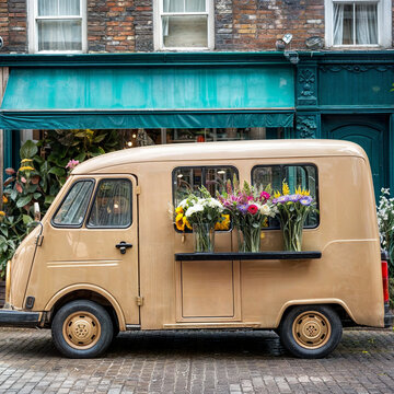 A van filled with colorful flowers parked in front of a flower shop on a cobblestone street. 