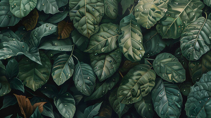 Fototapeta premium A serene image capturing dark green leaves with water beads accentuating their lushness and detail