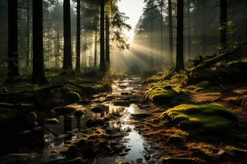 Sunlight filters through trees onto stream in wooded natural landscape