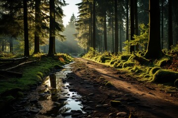 Natural landscape with a dirt road, stream, and trees in the forest biome