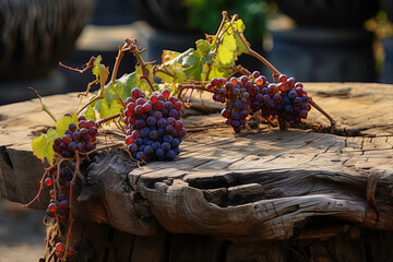 A bunch of grapes are on a log. The scene is peaceful and serene, with the grapes