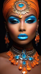 Portrait of a girl with blue makeup and jewelry. The girl's face with modern makeup and jewelry