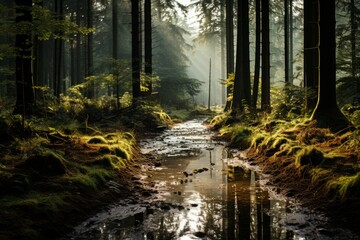 Sunlight filters through trees onto a stream in natural forest landscape
