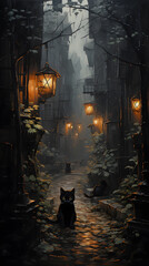 Obraz premium The playful chaos of a group of mischievous black cats frolicking in a moonlit lane, their bright eyes and arched backs adding an air of mysterious fun, painting Generative AI