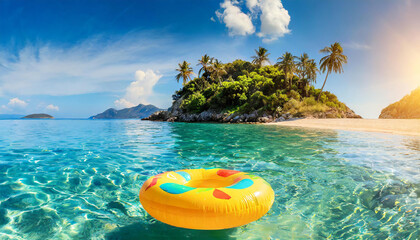 Yellow inflatable ring floating along sandy beach. Tropical sea coast. Summer vacation at the ocean.
