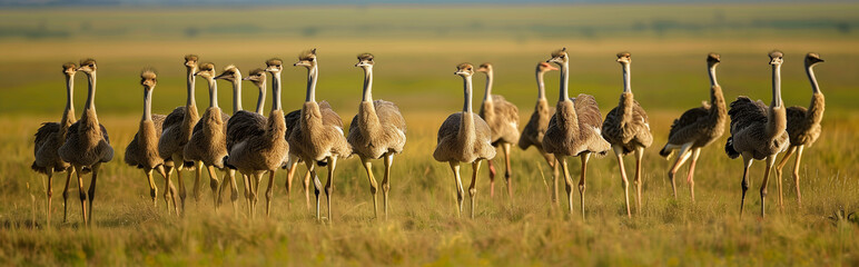 Herd of ostrich in savanna. Generative AI - obrazy, fototapety, plakaty
