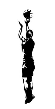 Female basketball player, woman shoots the ball at the basket, jump shot, isolated vector silhouette, rear view