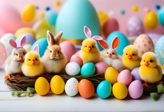 Easter holiday concept with cute handmade eggs, bunny, chicks and party hats