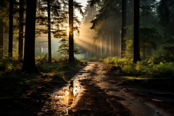 Sun illuminating trees along a wooded dirt road in natural landscape - Powered by Adobe