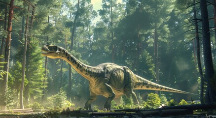 A realistic diplodocus dinosaur walks in a prehistoric forest  - obrazy, fototapety, plakaty