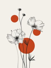 A detailed illustration of various flowers with red circles drawn on their petals, showcasing a unique and eye-catching visual design.