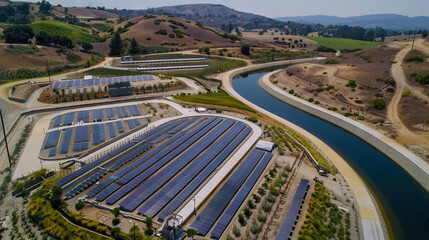 aerial view solar panel produces green, environmentally friendly energy from the sun.