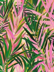 A painting featuring vibrant pink and green leaves in a close-up composition.
