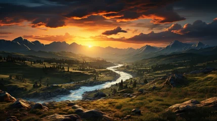 Photo sur Aluminium brossé Himalaya Fantasy landscape with river and mountains at sunset