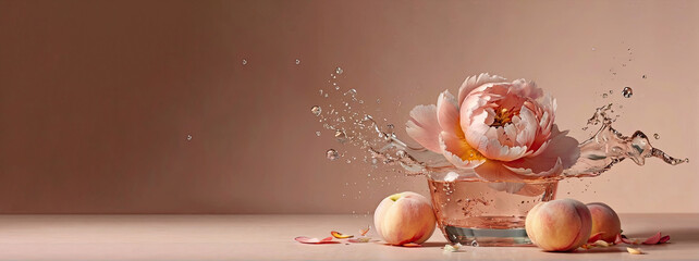Peach-colored peony in a transparent glass vase on a peach-colored background