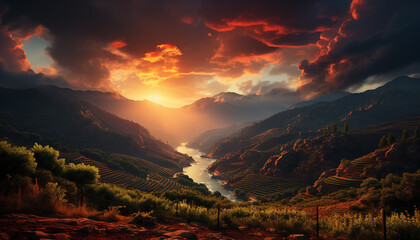 Tranquil sunset paints rural landscape, mountains reflect in peaceful water generated by AI