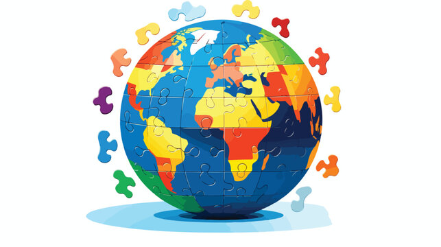 Flat icon A globe with puzzle pieces fitting togeth