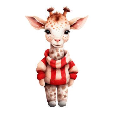 Watercolor hand-painted illustration of a baby giraffe in a sweater. Isolated on a white background