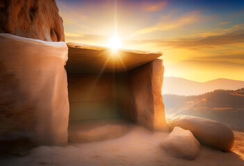 Crucifixion At Sunrise - Empty Tomb With Shroud - Resurrection Of Jesus Christ - obrazy, fototapety, plakaty