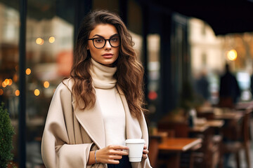 A young woman in stylish glasses and a beige coat holds a coffee cup on a cafe terrace, embodying urban elegance and tranquility. Concept of quiet luxury, sophisticated elegance. Copy space