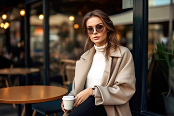 Fashion-forward Stylish caucasian white woman in a beige coat and designer glasses savors a coffee outside a cafe. Concept of quiet luxury, sophisticated elegance. Copy space