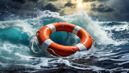 Lifebuoy floating in a stormy sea. Blue ocean water. World Rescue day concept.