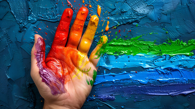 Gay pride concept. The hand is painted with a rainbow, Rainbow colors painted hand raised making fist, sign. Rainbow colors background, Generative Ai